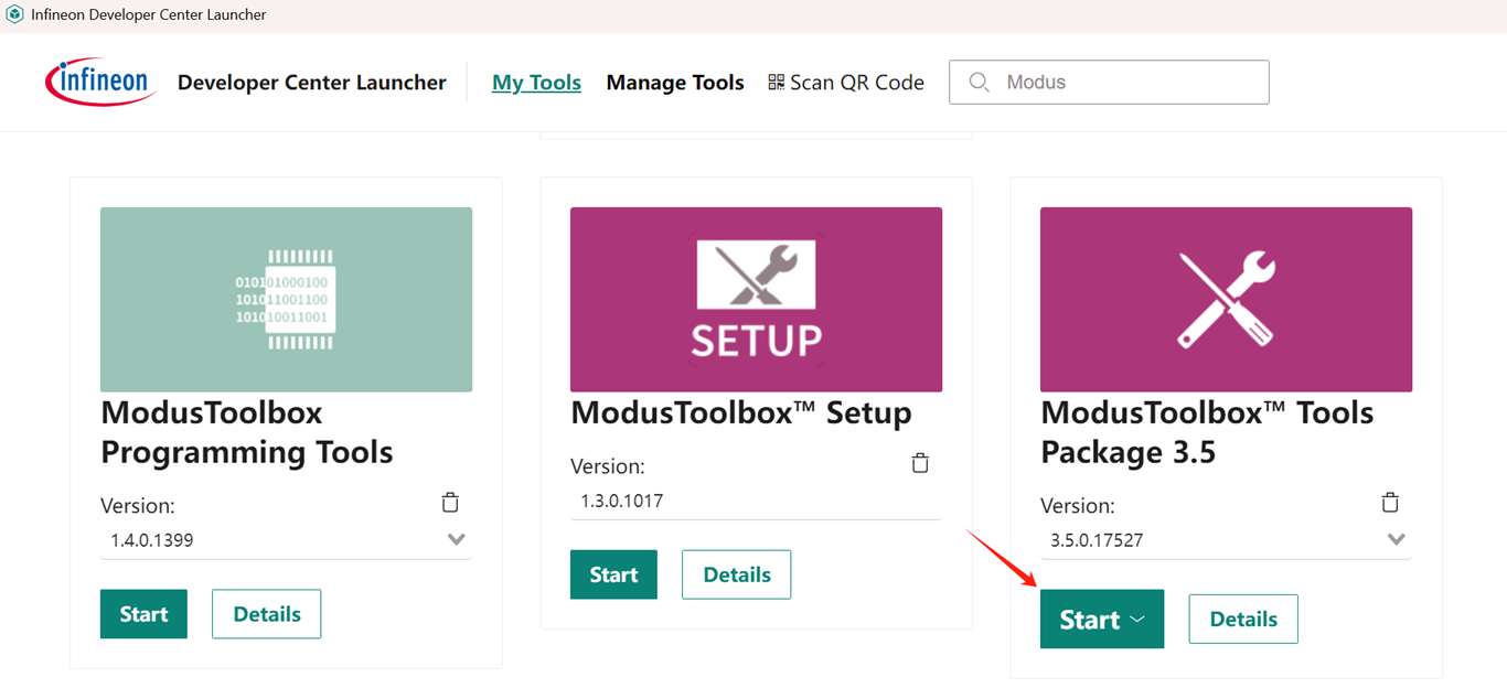 图2 选择ModusToolbox Tools Package 3.5