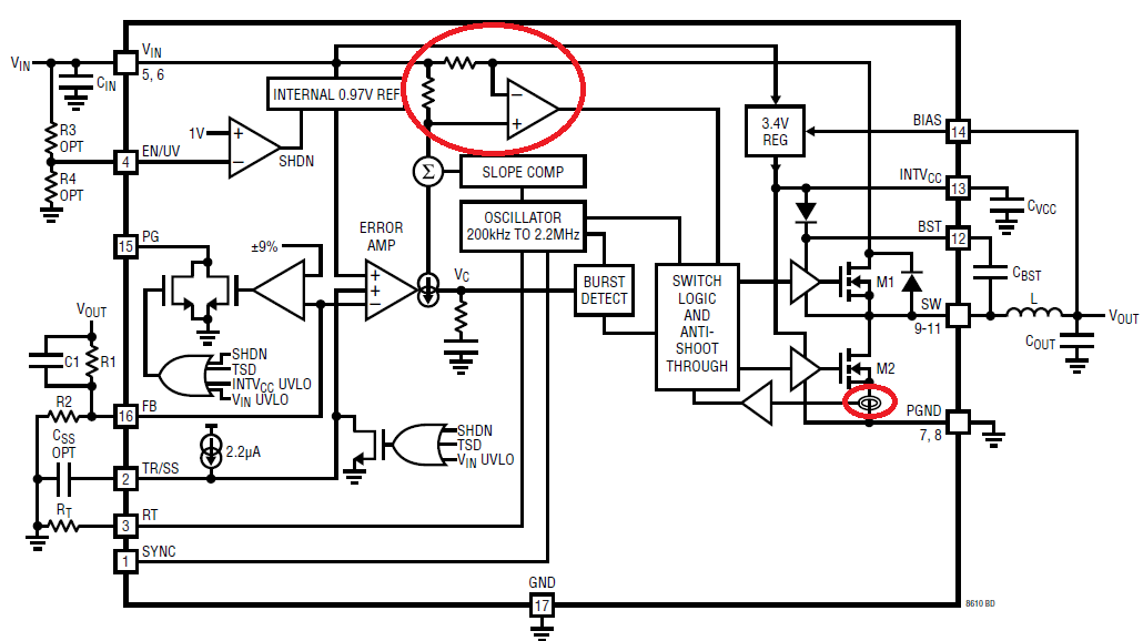"图4、LT8610内部框图/红色圈出部分为芯片内部电流采样的位置"