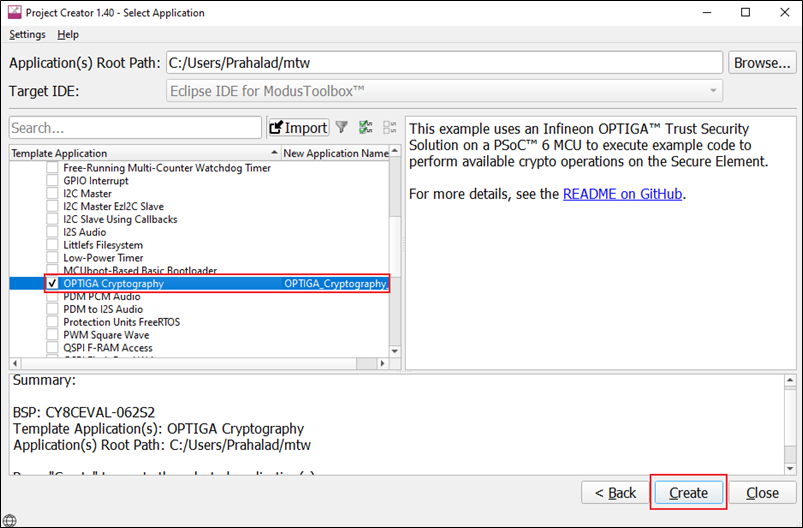 图2 选择 OPTIGA™ Cryptography 模板应用程序